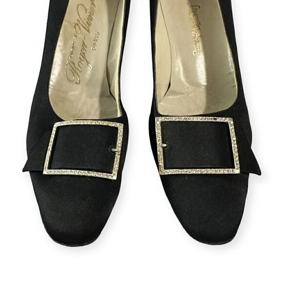 Vintage 60s Roger Vivier Black Satin Evening Pumps with Rhinestone Buckles - Picture 12 of 14